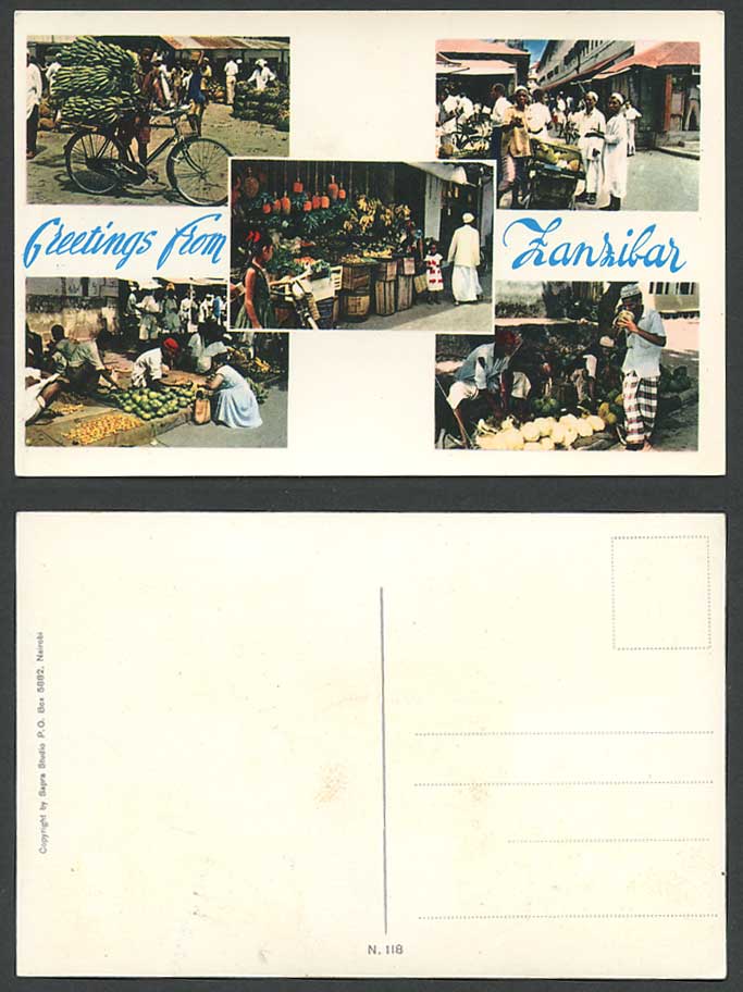 Zanzibar Native Roadside Coconut Seller, Bicycle, Shop Street Scene Old Postcard