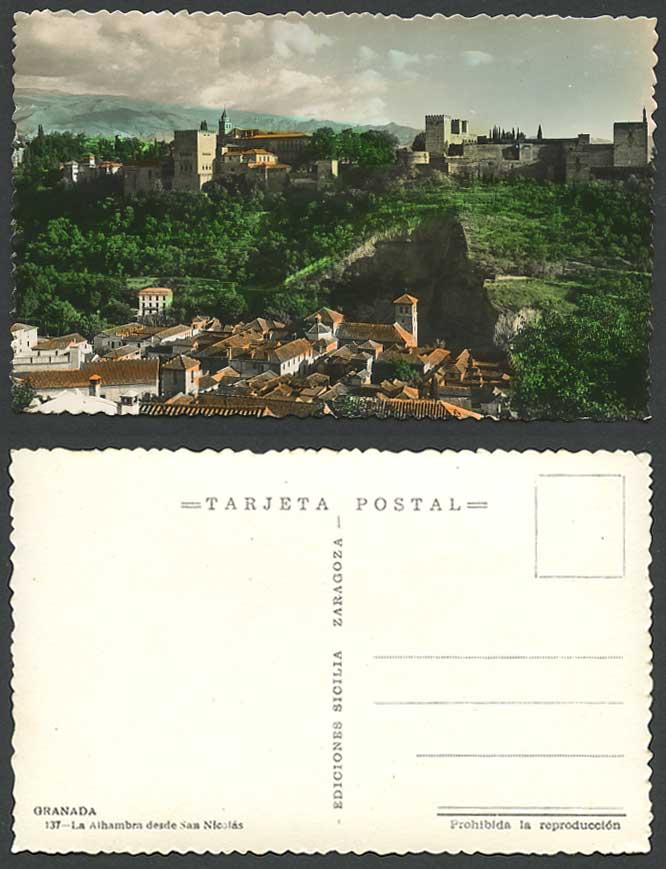 Spain Old Colour R.P. Postcard Granada Alhambra from San Nicolas Palace Fortress