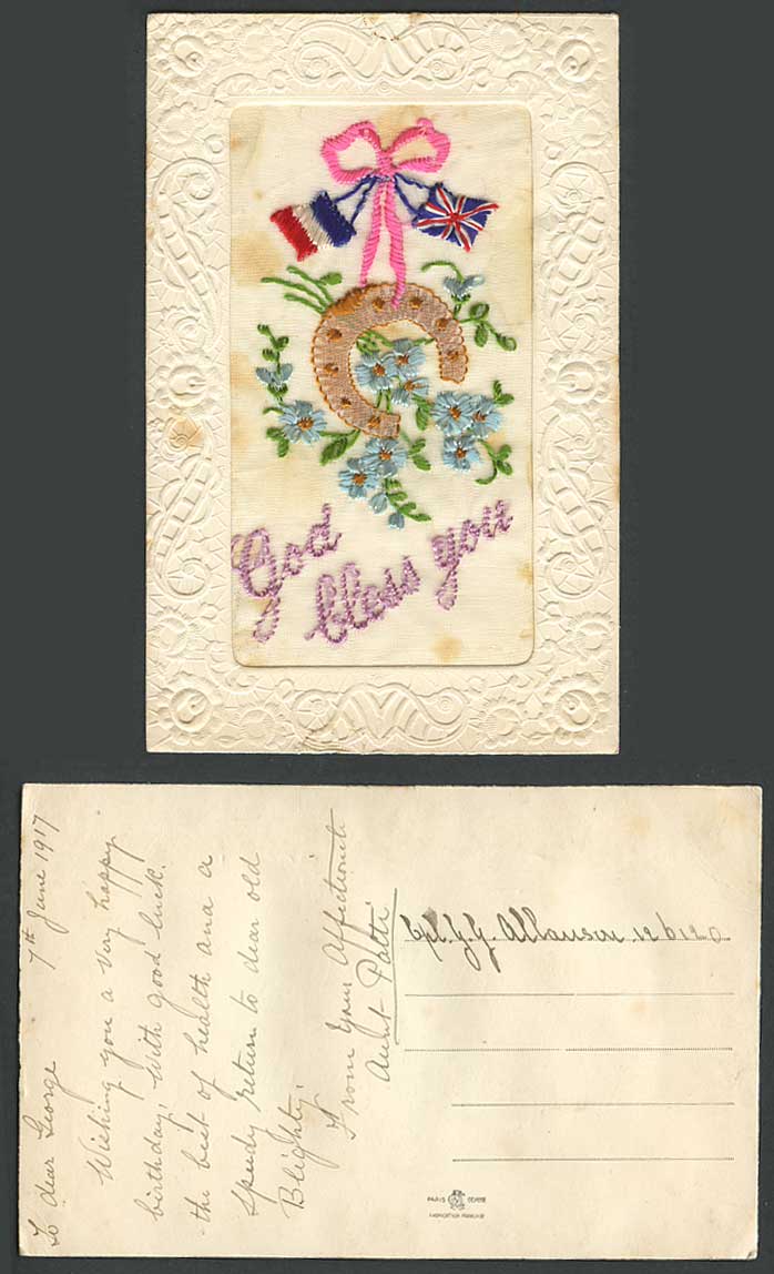WW1 SILK Embroidered 1917 Old Postcard GOD BLESS YOU Horseshoe Flags Flower Knot