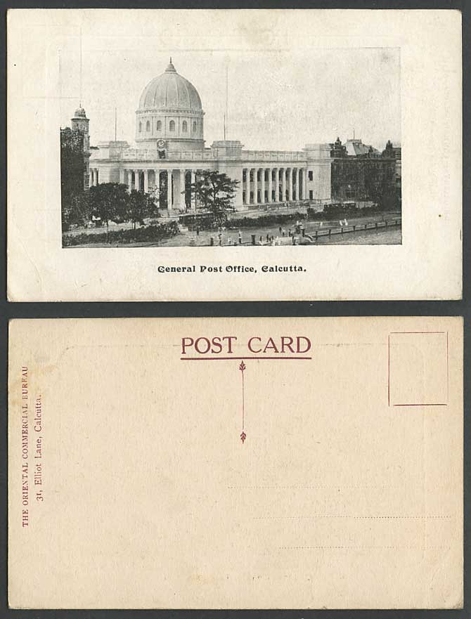India Old Postcard GENERAL POST OFFICE Calcutta. GPO Clock Tower Fountain Street