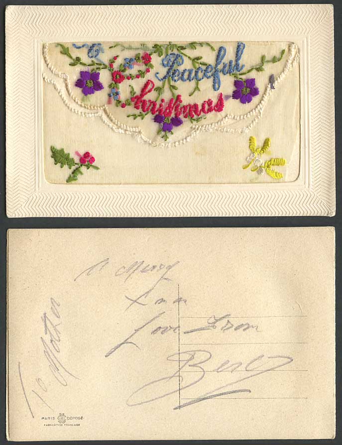 WW1 SILK Embroidered French Old Postcard Peaceful Christmas Flowers Empty Wallet