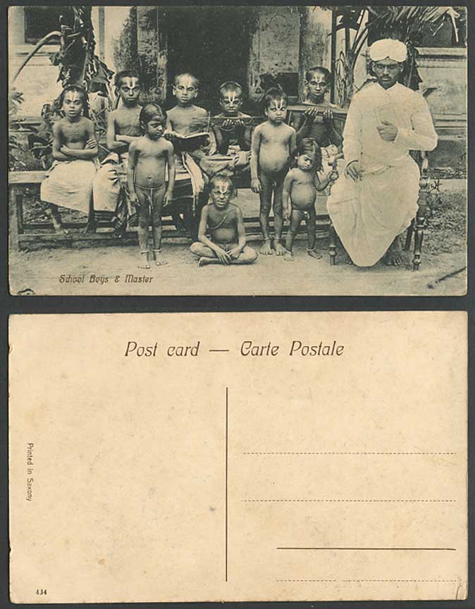 India Old Postcard Native School Boys Master & Children Pupils with Painted Face