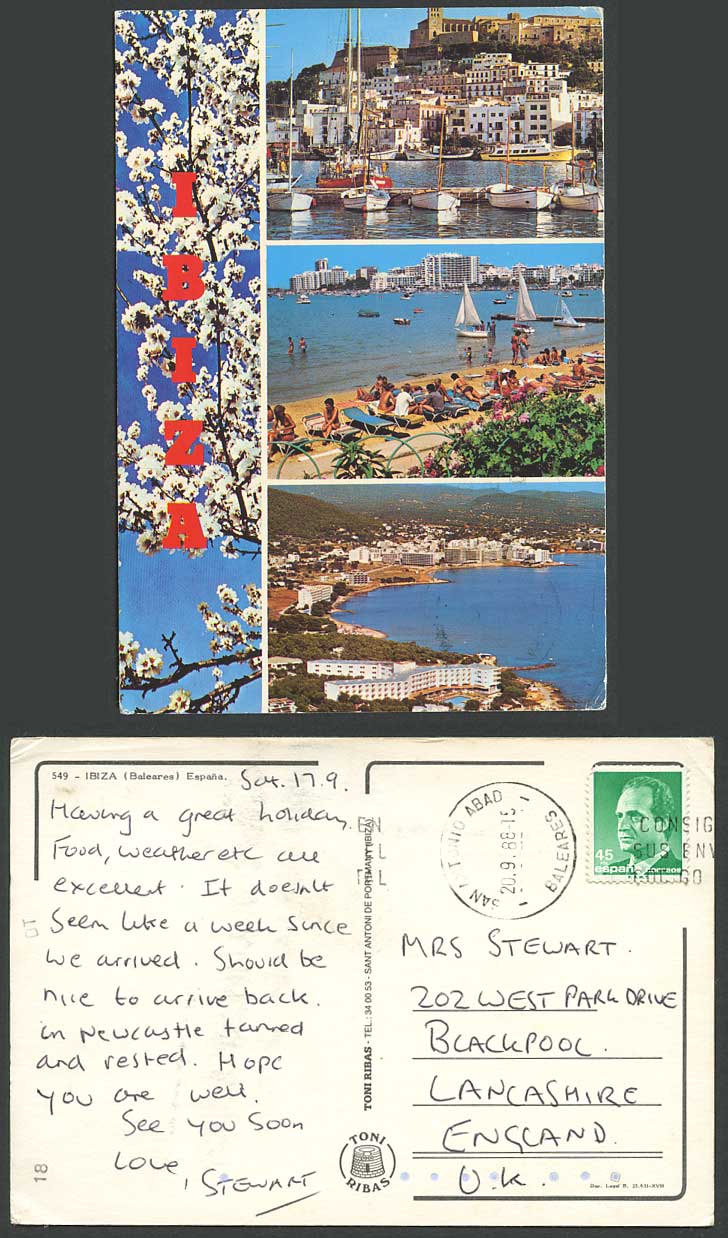Spain Larger Postcard Ibiza Baleares, Flowers Harbour Yachts Sailing Boats Beach