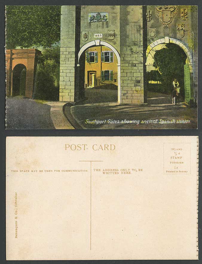 Gibraltar Old Colour Postcard Southport Gates Ancient Spanish Shields 1883 Gate