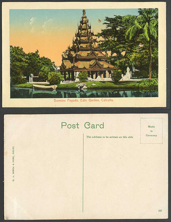India Old Colour Postcard Burmese Pagoda Eden Garden Palm Tree Lake & Boat Canoe