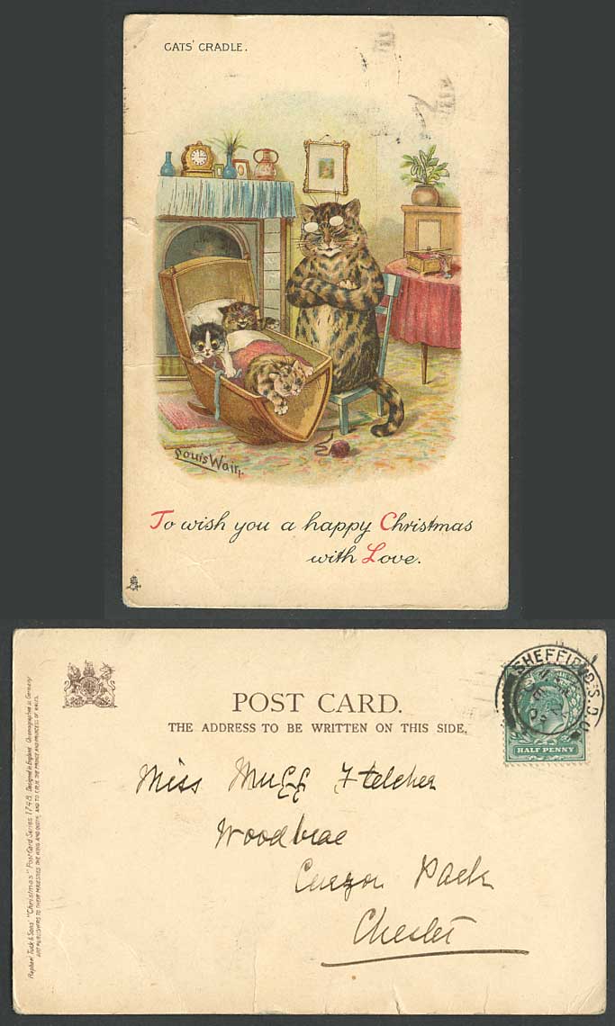 LOUIS WAIN Artist Signed Cats Cradle Kittens A Happy Christmas 1903 Old Postcard