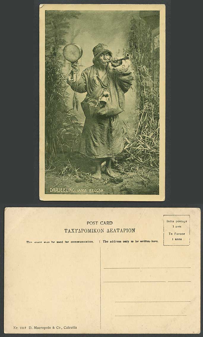 TIBET China India, Native TIBETAN LAMA BEGGAR Horn Shawm Darjeeling Old Postcard