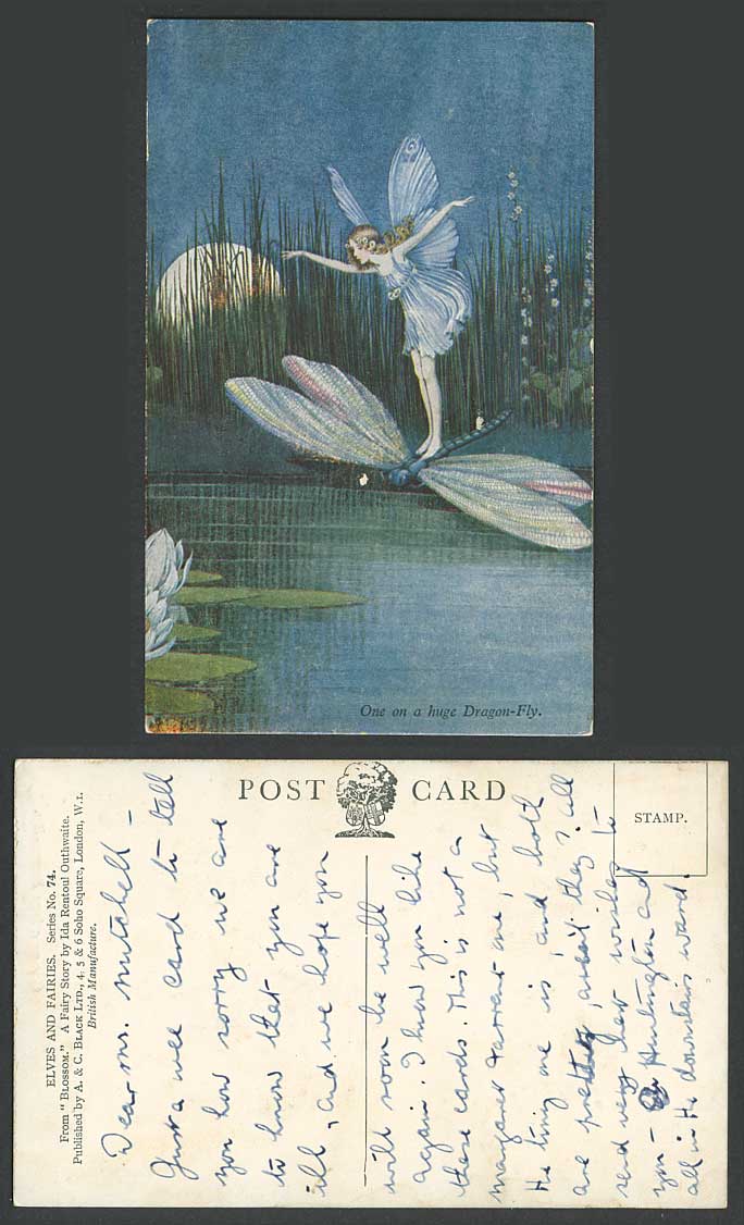 IR OUTHWAITE Old Postcard Fairy Girl One On a Huge Dragon-Fly Dragonfly, Blossom