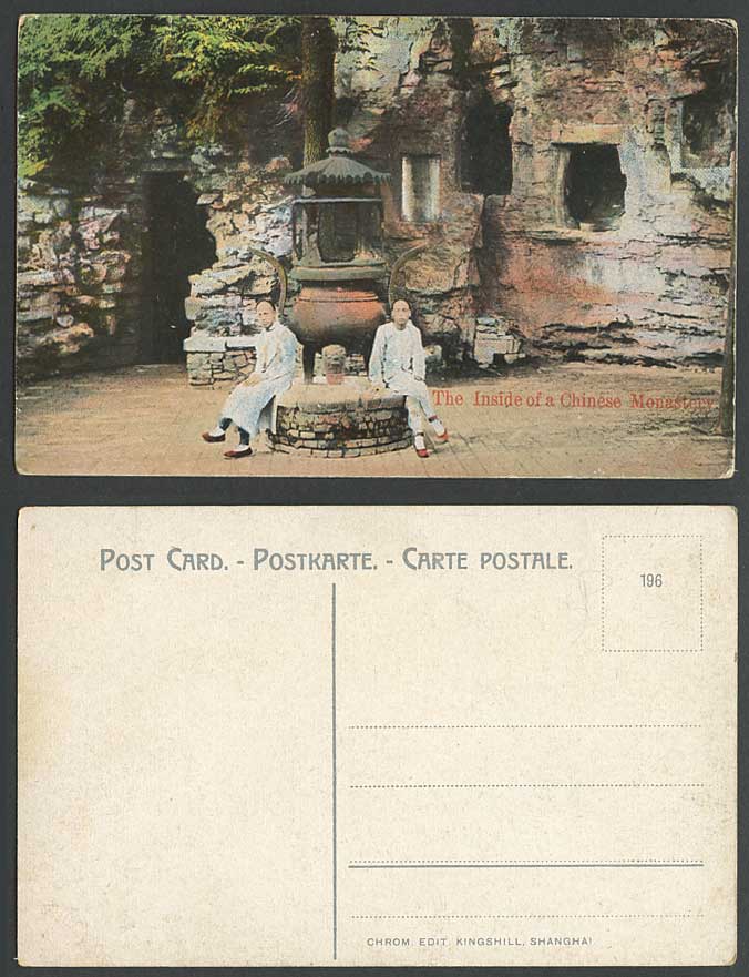 China Old Color Postcard Shanghai Inside a Chinese Monastery Temple Chinaman 196