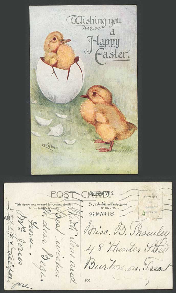 Louis Wain Artist Signed Chicks Birds Egg Hatched Happy Easter 1918 Old Postcard