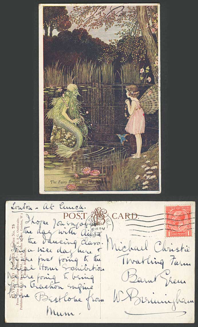 IR & G OUTHWAITE Old Postcard FAIRY BRIDGET MERMAN Little Fairies Sister Bird 75