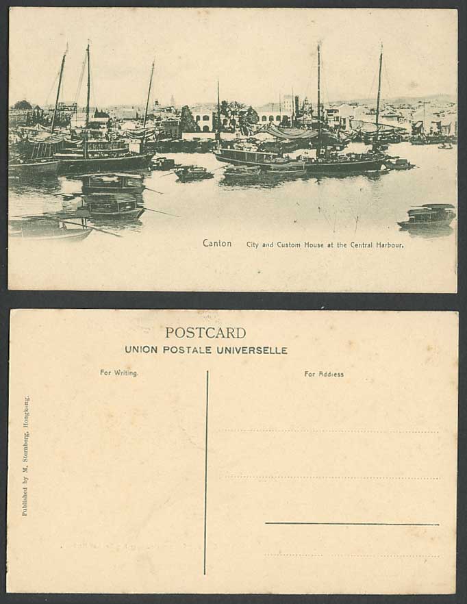 Hong Kong China Old Postcard Canton City and Custom House, Central Harbour Boats