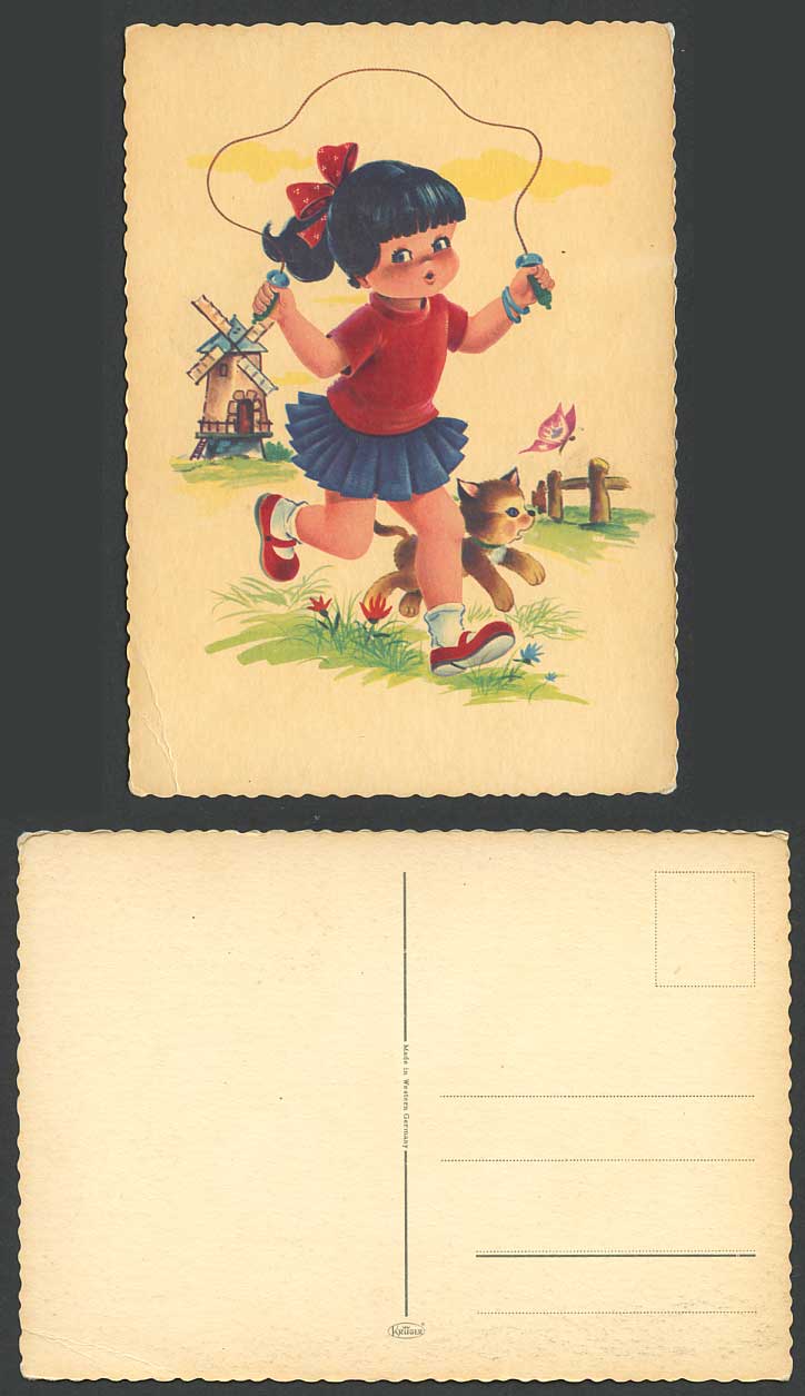 Little Girl Skipping Dog Puppy Butterfly Windmill, Children Germany Old Postcard