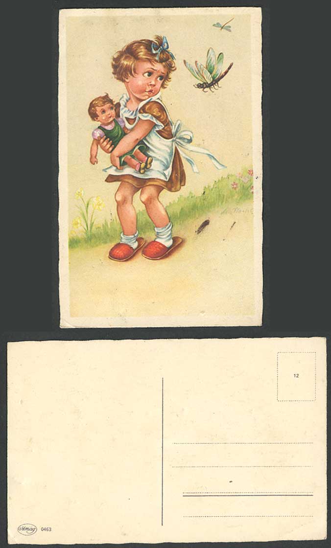 Little Girl with Doll, Dragonfly Dragonflies Artist Signed Children Old Postcard
