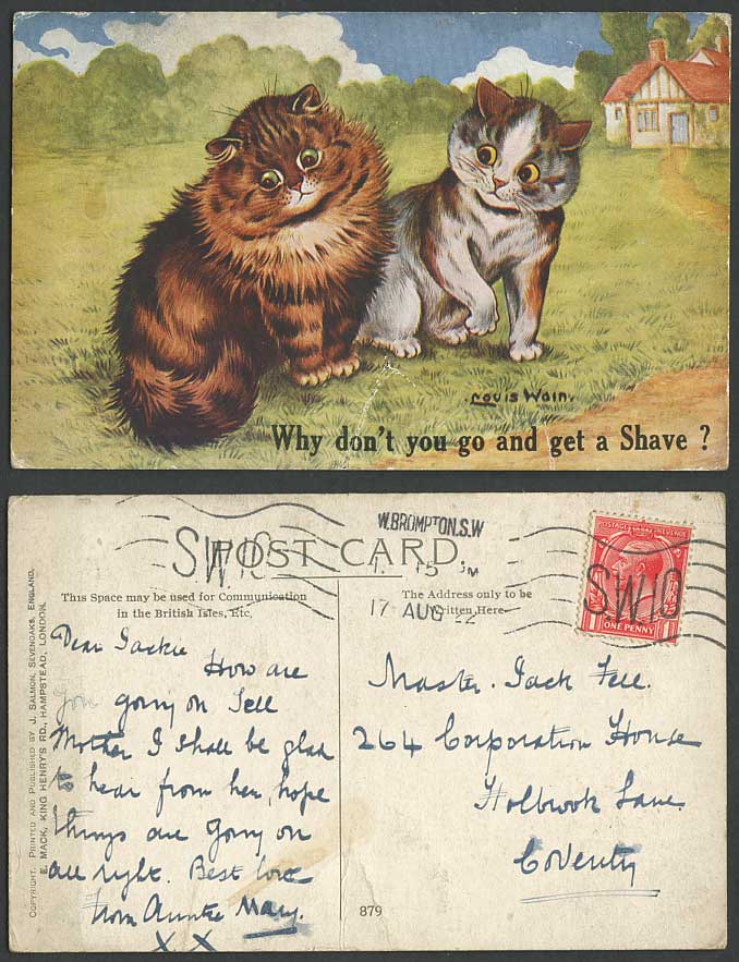 LOUIS WAIN Artist Signed CAT 1922 Old Postcard Why Don't You Go and Get a Shave?