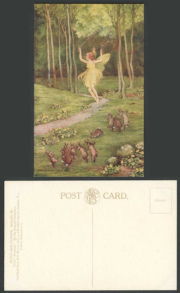 Ida Rentoul OUTHWAITE Old Postcard She is Spring Fairy Girl Skipping Rope Rabbit