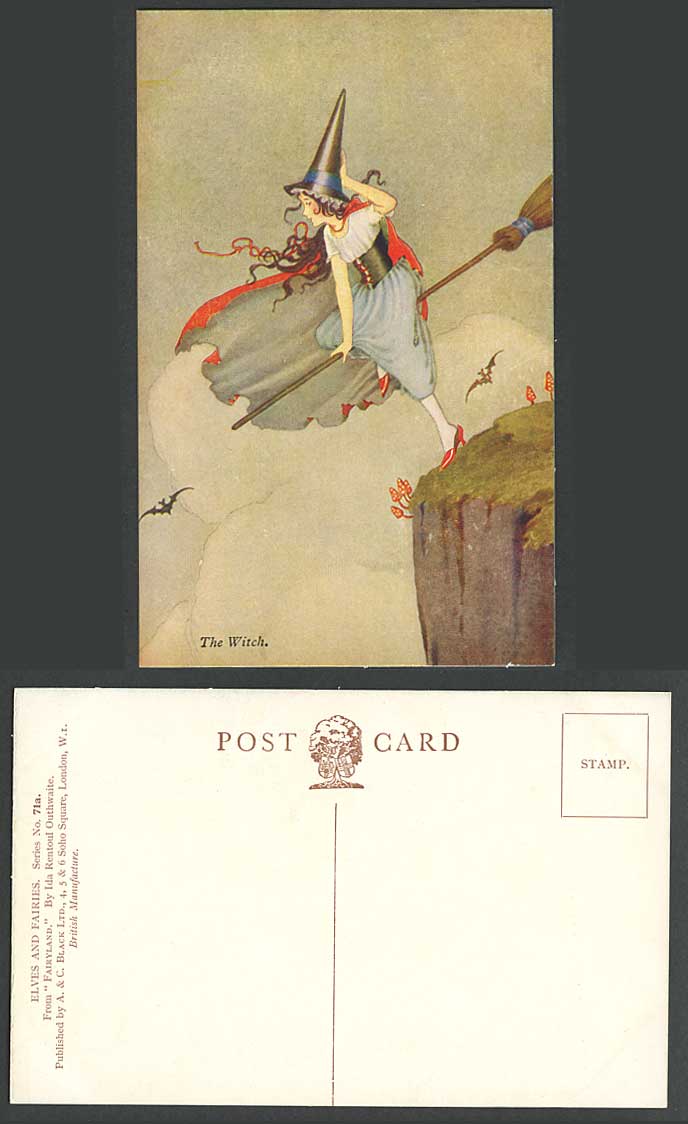 Ida Rentoul Outhwaite Old Postcard The Witch on Broomstick Bats Fairyland No.71a