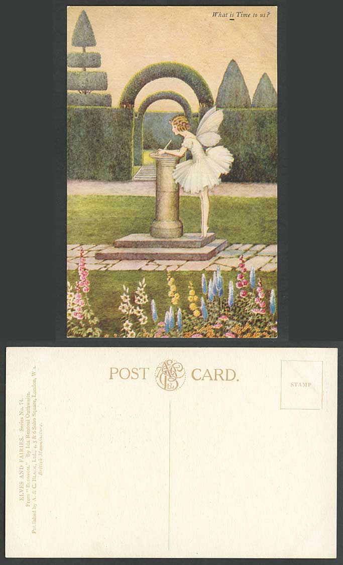 I.R. OUTHWAITE Old Postcard FAIRY GIRL SUNDIAL BLOSSOM What is Time To Us? No.74