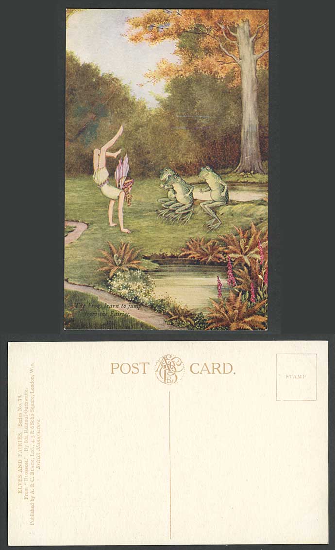 IR OUTHWAITE Old Postcard The Frogs Learn To Jump from Fairies Blossom Elves 74.