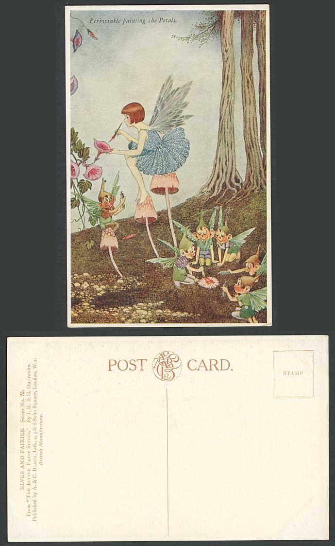 IR&G OUTHWAITE Old Postcard Periwinkle Painting The Petals Elves Fairies Flowers