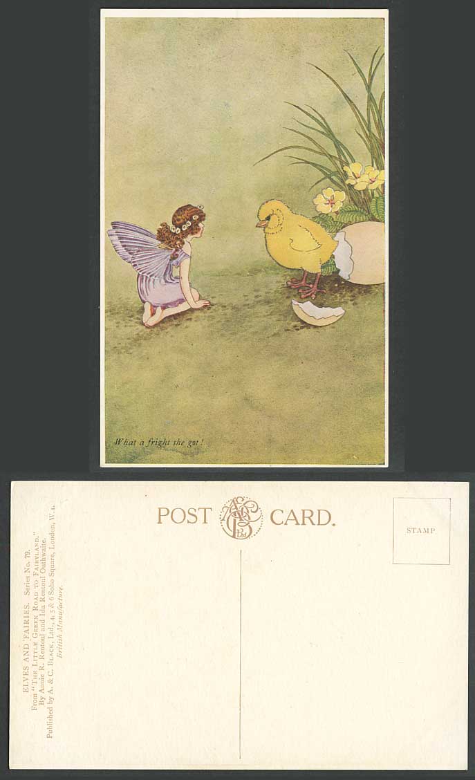 A.R. & I R OUTHWAITE Old Postcard What a Fright She Got! Chick Bird Egg Fairy 79