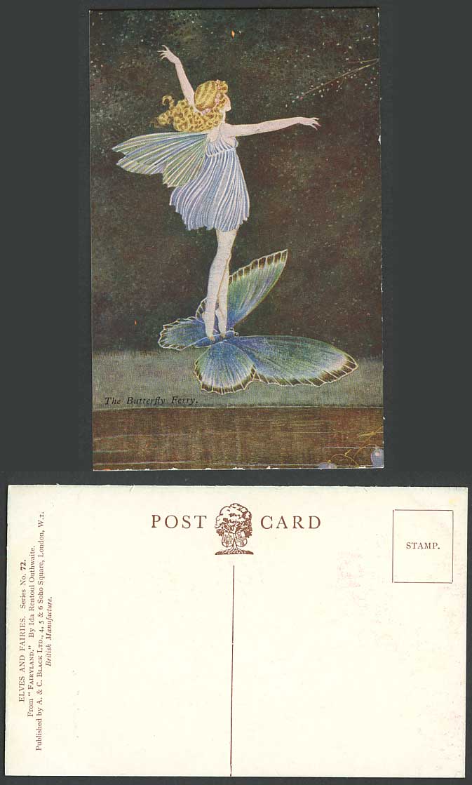 I.R. OUTHWAITE Artist Old Postcard Butterfly Ferry Elves & Fairies Fairyland 72