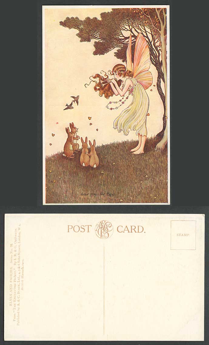 IR OUTHWAITE Old Postcard Fairy Girl Anne Play The Pipes Rabbit Enchanted Forest