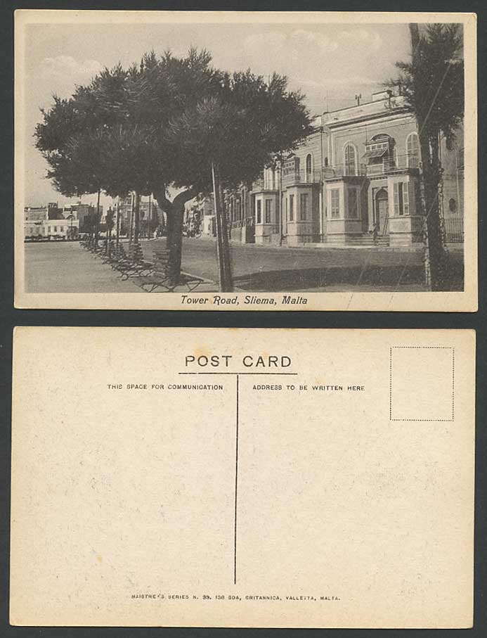 Malta Maltese Old Postcard Sliema Tower Road Street Scene Trees, Maitre's Series