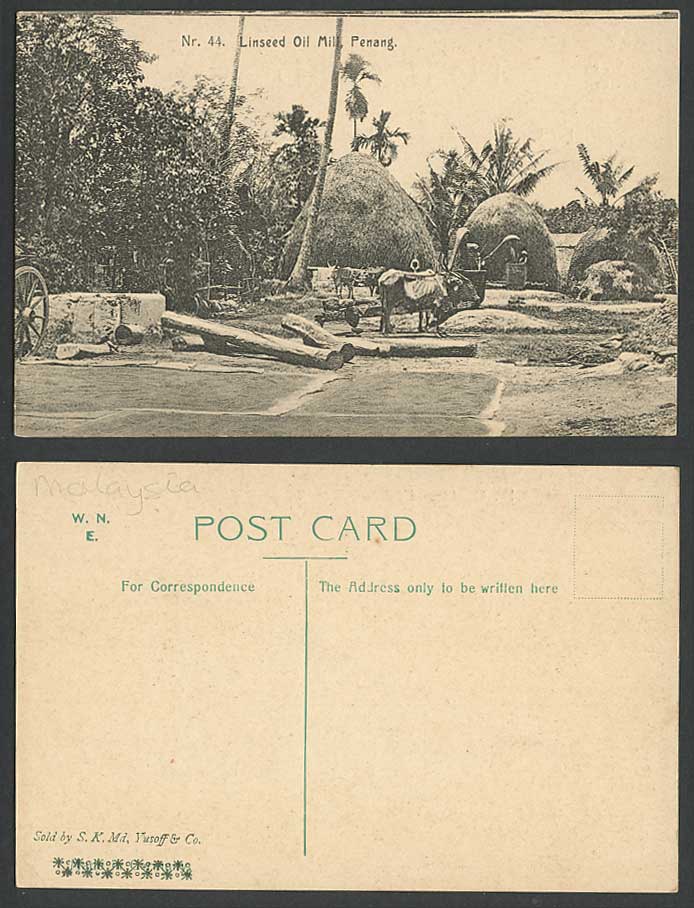Penang Old Postcard LINSEED OIL MILL Cattle Donkey at Work Palm Trees, WNE No.44