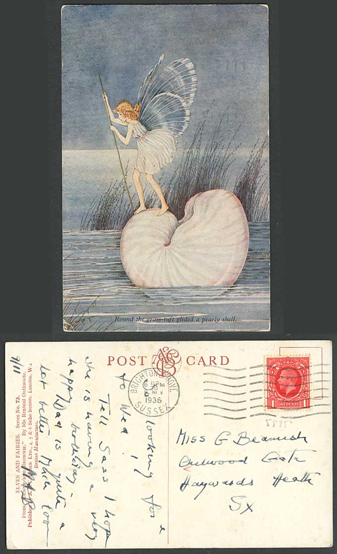 Ida R Outhwaite Old Postcard Fairy Round The Grass-Tuft Glided a Pearly Shell 73