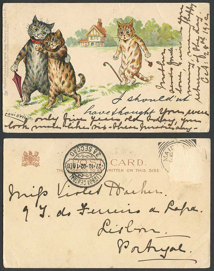 LOUIS WAIN Artist Signed Cat Shouldn't Have Thought 1902 Old Postcard Write Away