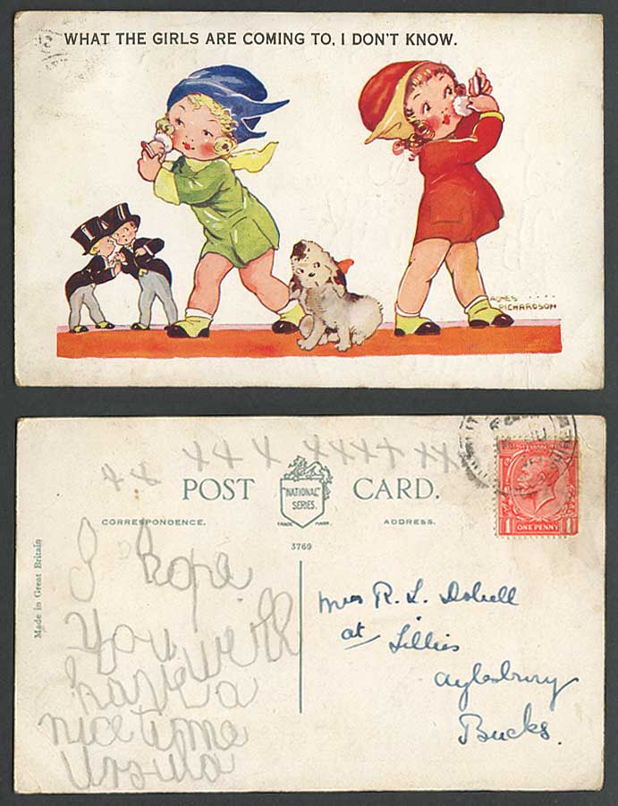 Agnes Richardson Old Postcard What Girls are Coming To, I Don't Know. Dog Puppy