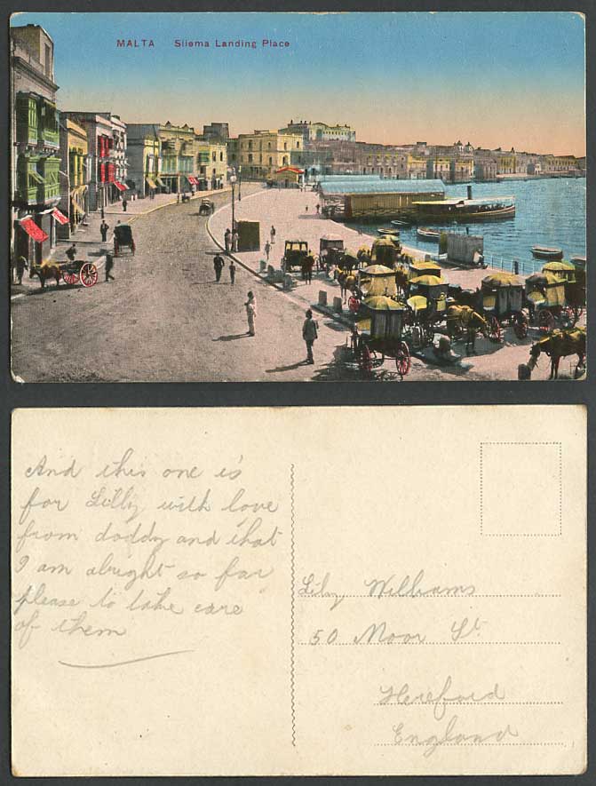 Malta Old Maltese Postcard SLIEMA Landing Place Street Scene Boats Harbour Carts