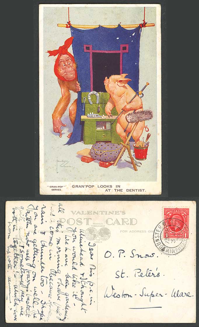 LAWSON WOOD 1936 Old Postcard Gran-Pop Looks in at Dentist Pig Piglet Monkey