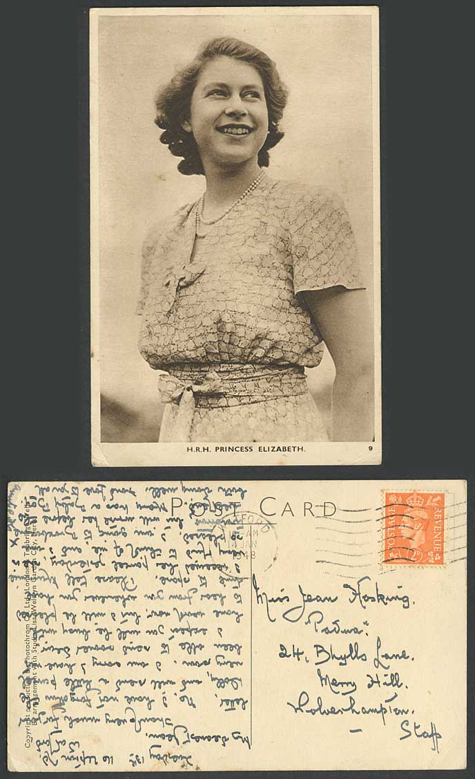 H.R.H. PRINCESS ELIZABETH Smile Pearl Necklace British Royalty 1948 Old Postcard
