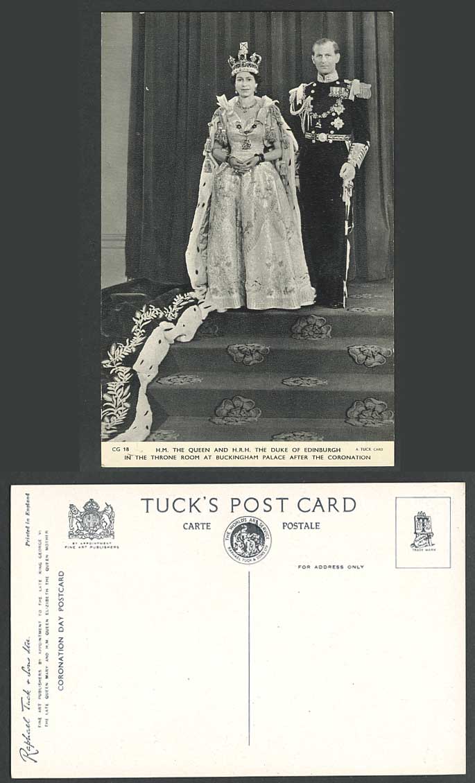 H.M. The Queen, Duke of Edinburgh British Royalty Old Tuck's Postcard CORONATION