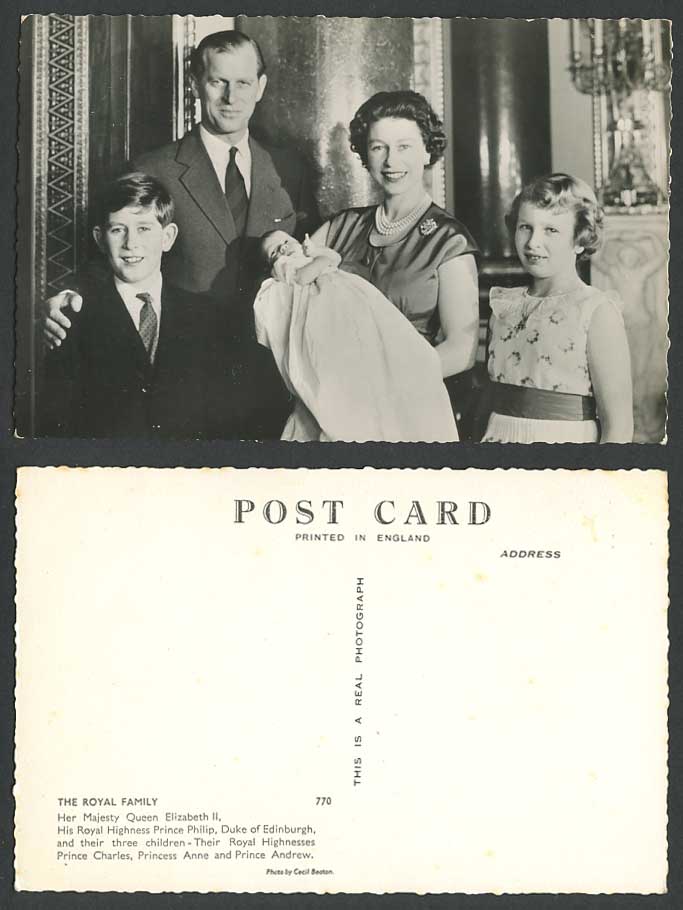 ROYAL FAMILY Queen Elizabeth II Prince Philip Charles Andrew & Anne Old Postcard