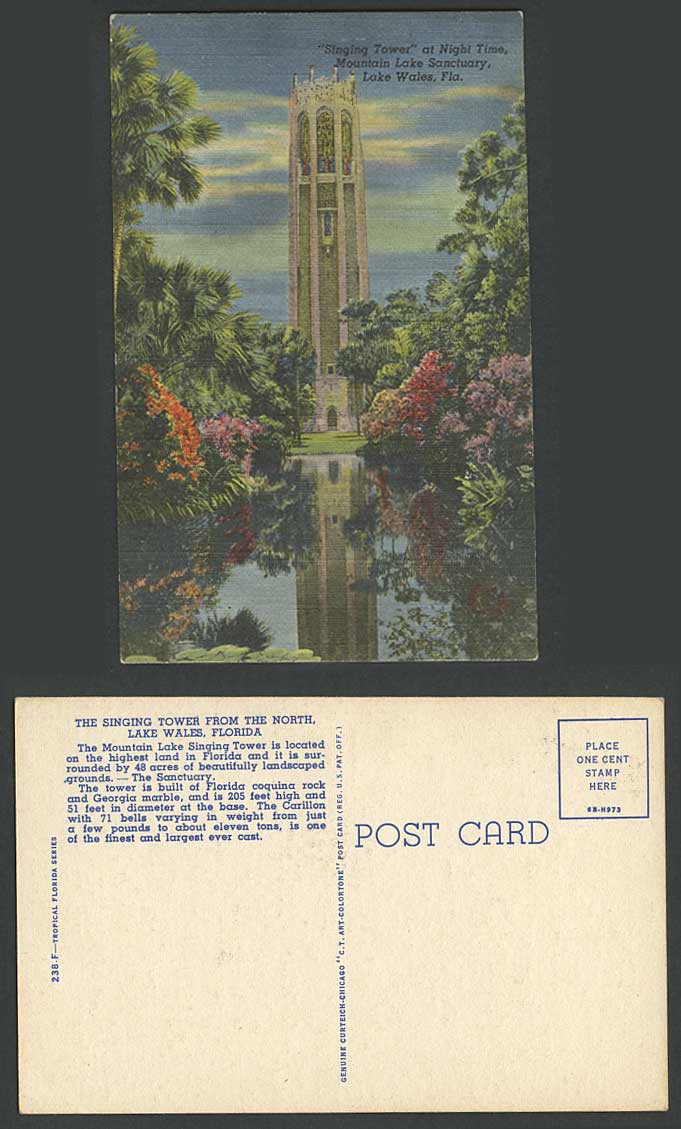USA Old Postcard Singing Tower Night Time Mountain Lake Sanctuary Lake Wales Fla