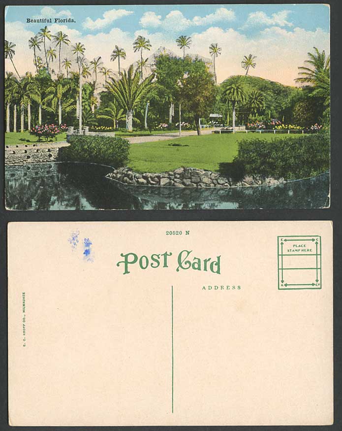 USA Old Colour Postcard Beautiful Florida, Palm Trees Park Lake Garden Gardens