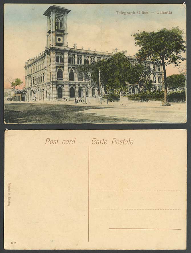 India Old Hand Tinted Postcard Telegraph Office Calcutta Street View Post Office
