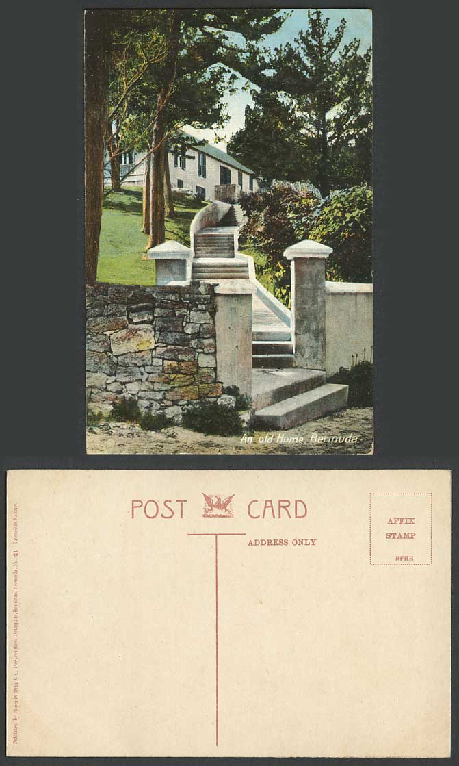 Bermuda Old Colour Postcard An Old Home, Steps, Phoenix Drug Co. Druggists No.21