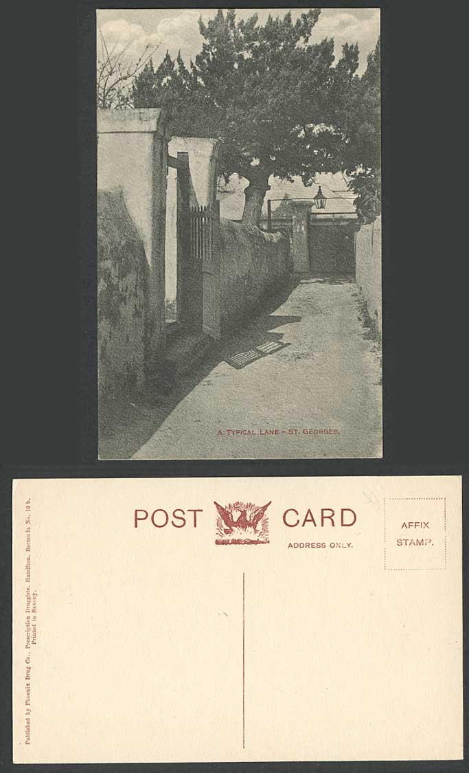 Bermuda Old Postcard A Typical Lane Scene St. Georges, Entrance Door Tree & Lamp