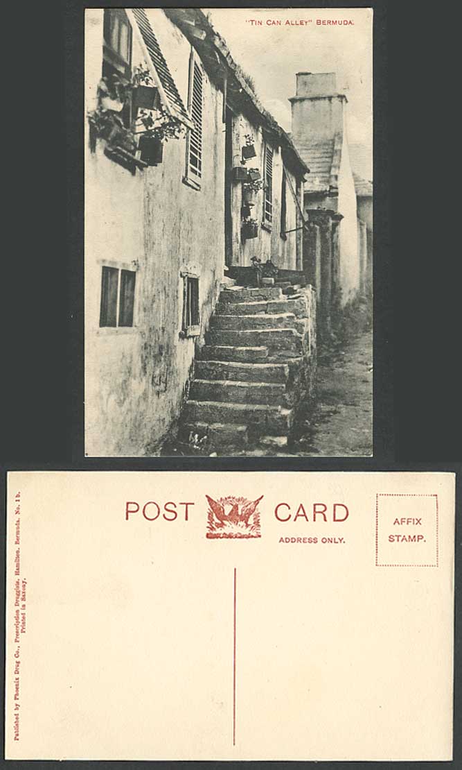 Bermuda Old Postcard Tin Can Alley, Cottage House Stairs Steps, Phoenix Drug Co.