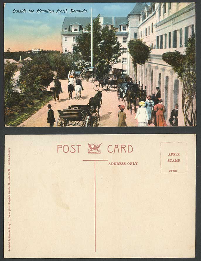 Bermuda Old Colour Postcard Outside The Hamilton Hotel Horse Riders Carts Horses
