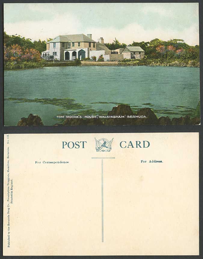 Bermuda Old Colour Postcard Tom Moore's House Walsingham Irish Poet from Ireland