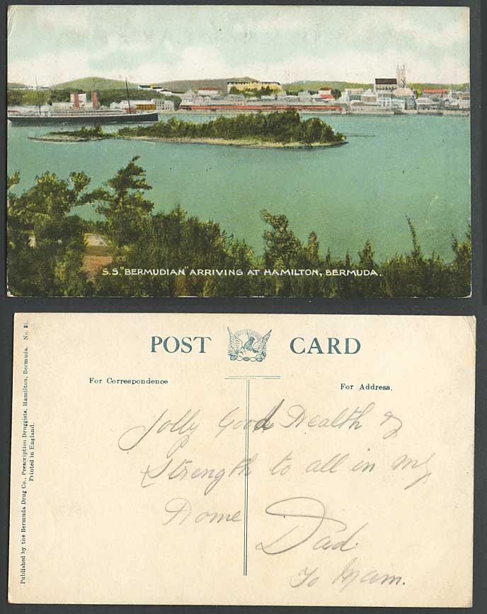 Bermuda Old Colour Postcard S.S. Bermudian Steam Ship arriving at Hamilton Isles