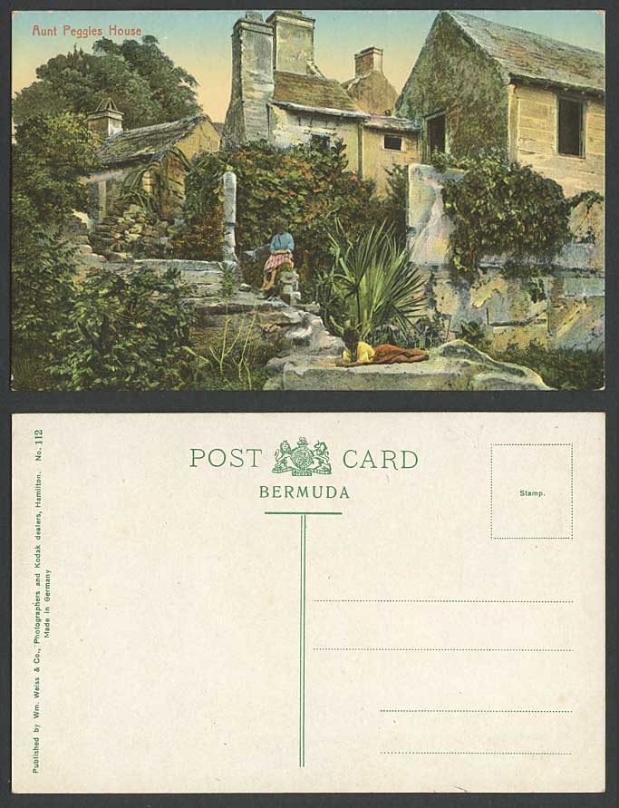 Bermuda Old Colour Postcard Aunt Peggies House Peggy's Stone Cottage Steps Girls