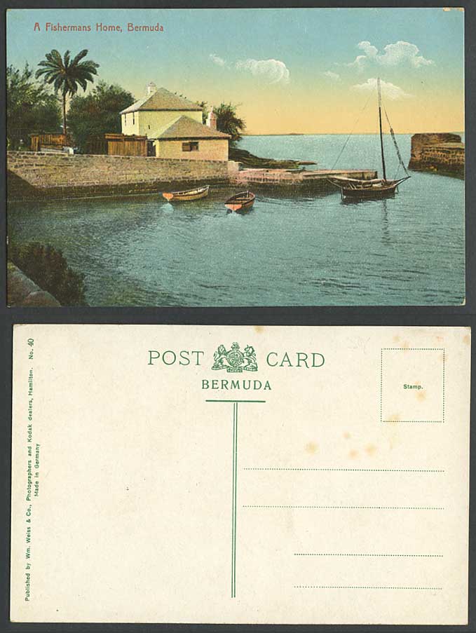 Bermuda Old Postcard A Fishermans Home, Fishing Boats Harbour Palm Tree Panorama