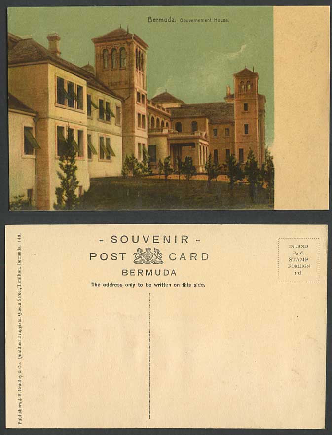 Bermuda Old Colour Postcard Government House Gouvernement Hse J.H. Bradley & Co.