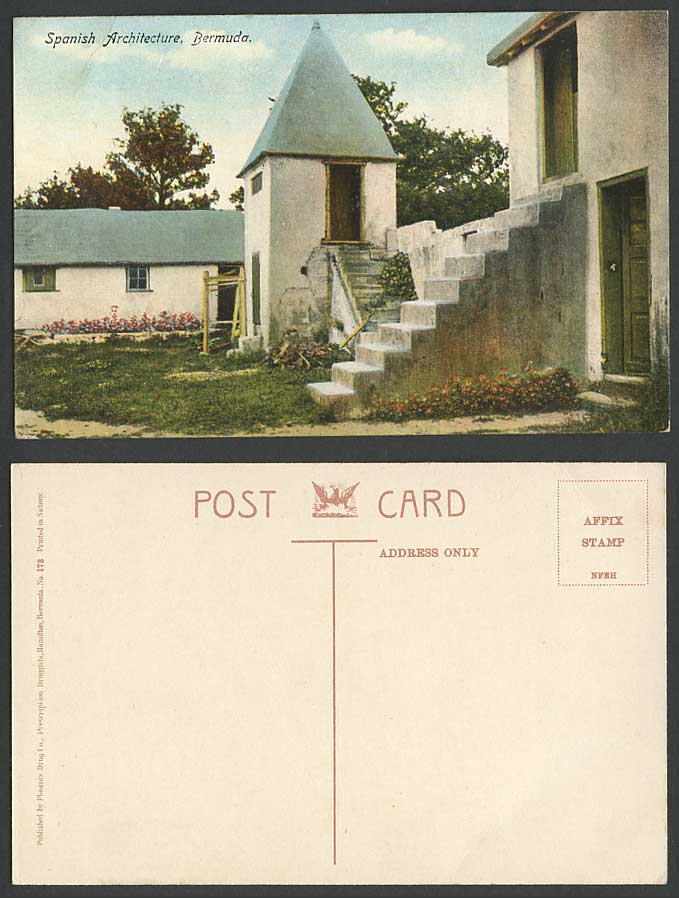 Bermuda Old Colour Postcard Spanish Architecture, Houses Steps, Phoenix Drug Co.